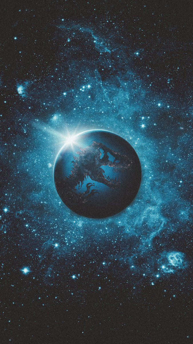 Blue Jurassic World, glowing blue planet, dinosaur silhouettes, SD Phone Wallpaper