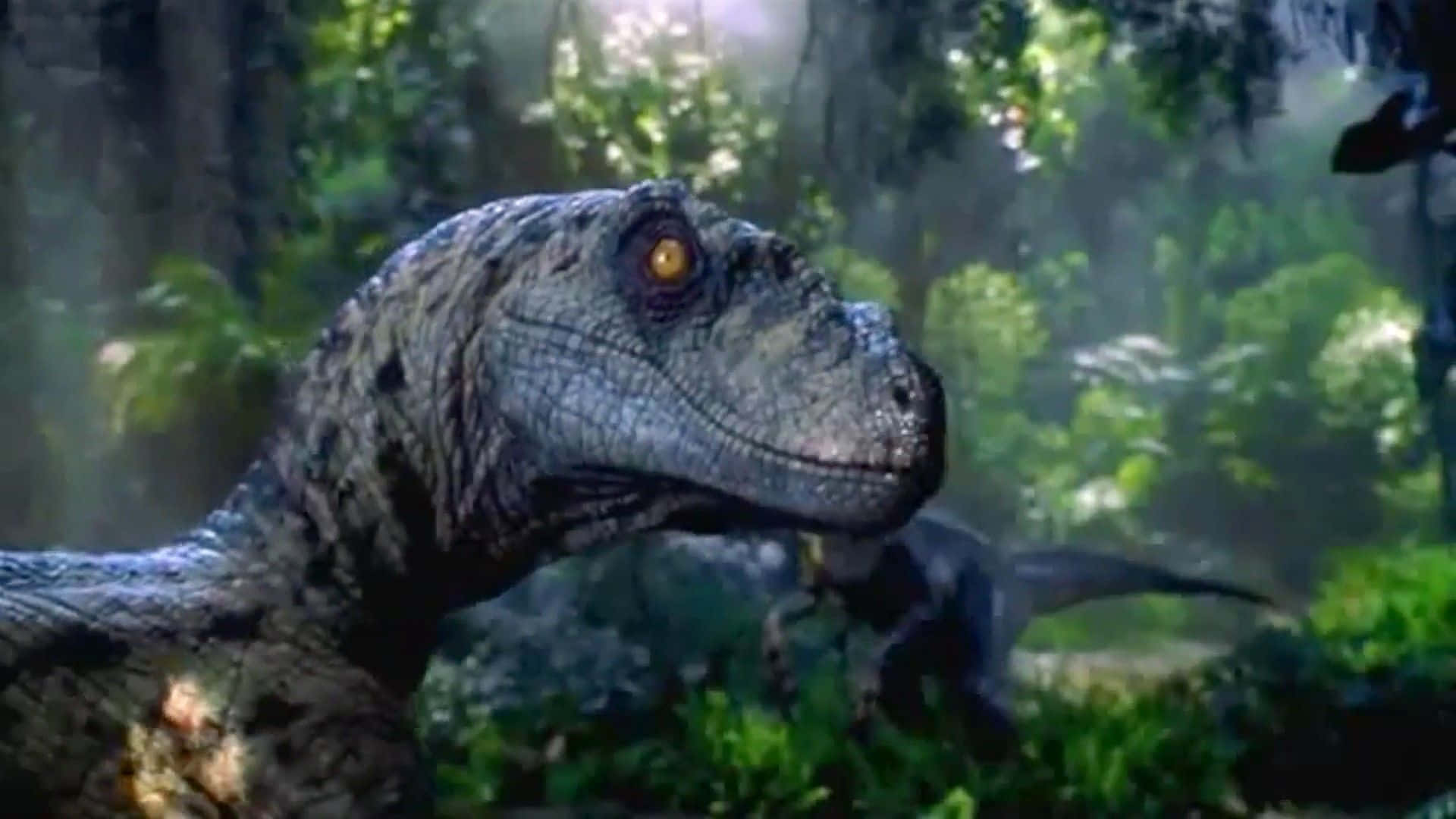 Blue Jurassic World, textured gray dinosaur, glowing amber eyes, Full HD Desktop Wallpaper