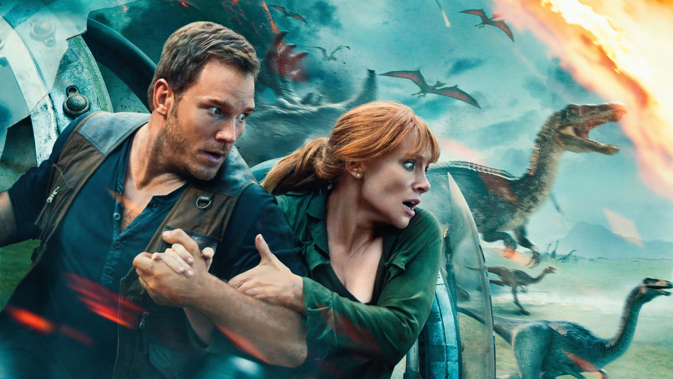 Blue Jurassic World, fiery dinosaurs, stormy landscape, Full HD Desktop Wallpaper