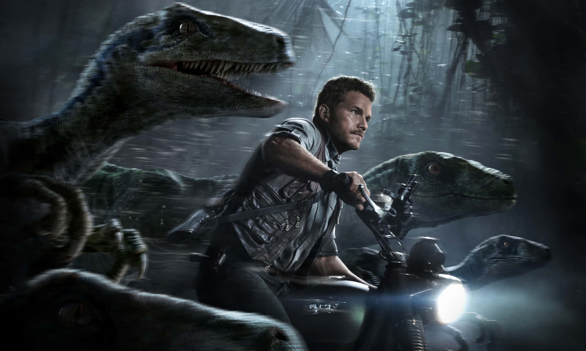 Blue Jurassic World, motorcycle, misty jungle, Full HD Desktop Wallpaper