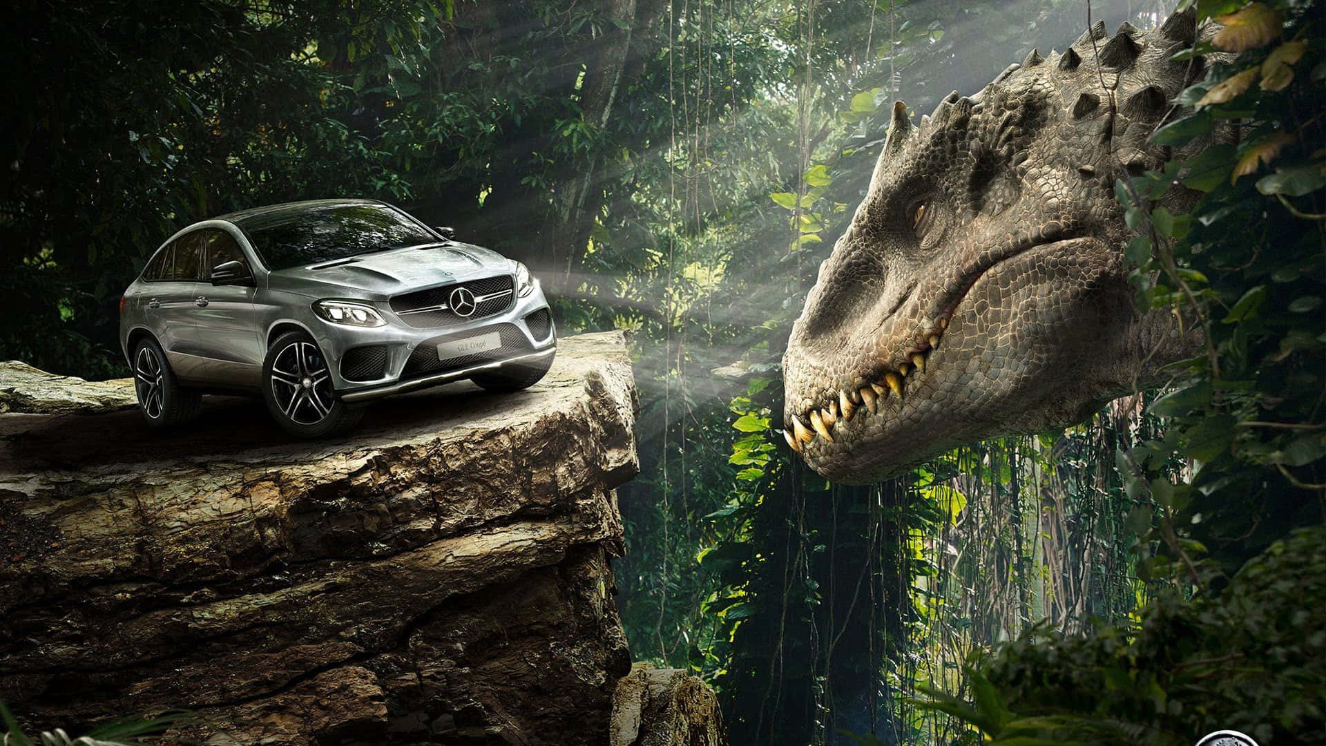 Blue Jurassic World, silver Mercedes SUV, jungle cliff face, Full HD Desktop Wallpaper