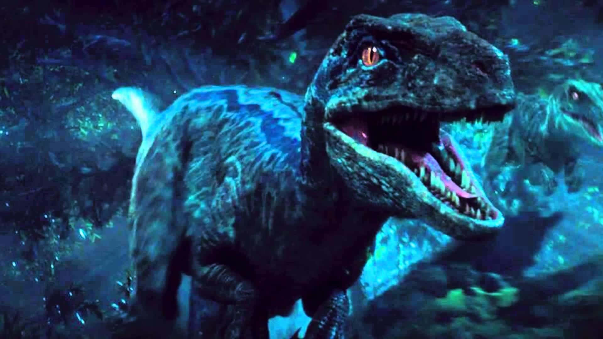 Blue Jurassic World, raptor, glowing orange eyes, Full HD Desktop Wallpaper