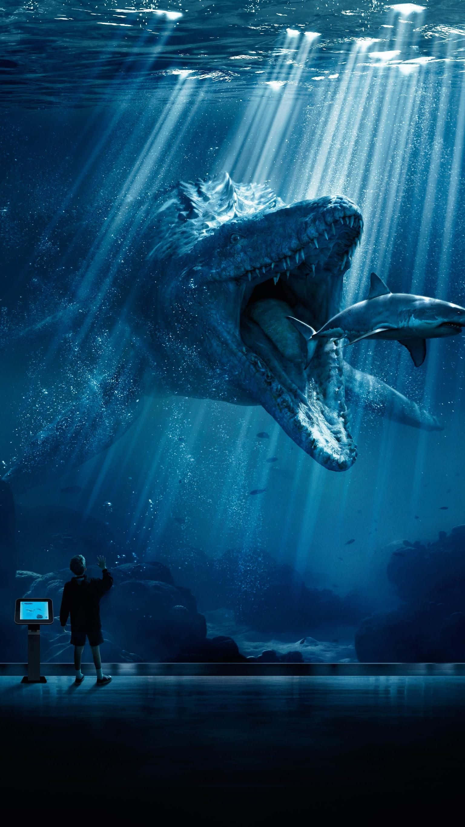 Blue Jurassic World, Jurassic World, deep blue aquarium, 2K Phone Wallpaper