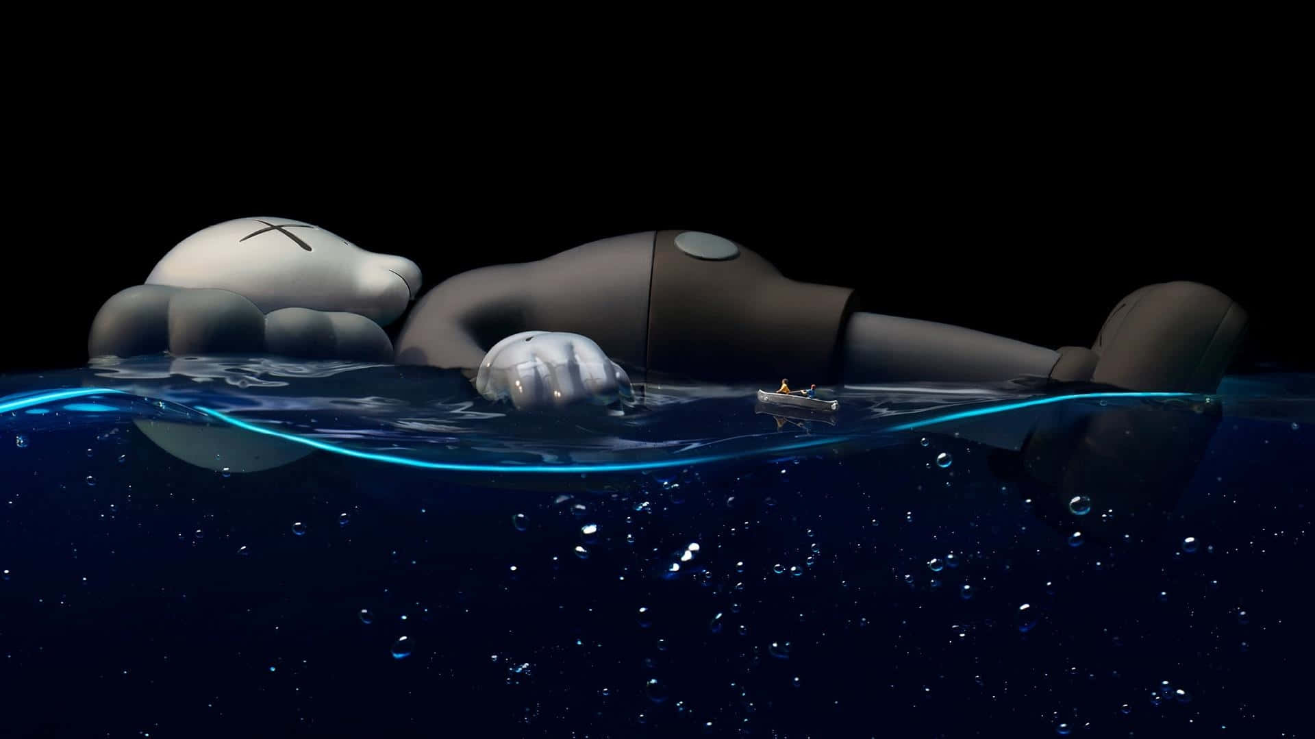 KAWS, giant figure, deep blue water, Full HD Desktop Wallpaper