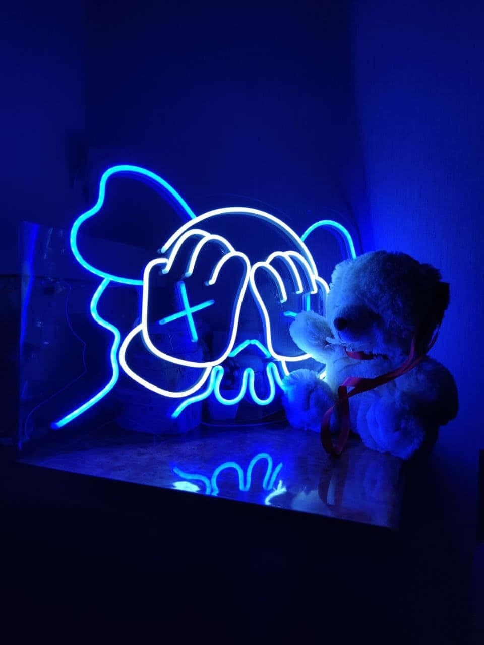 Blue Kaws, neon sign, cartoon character covering its eyes, HD Phone Wallpaper