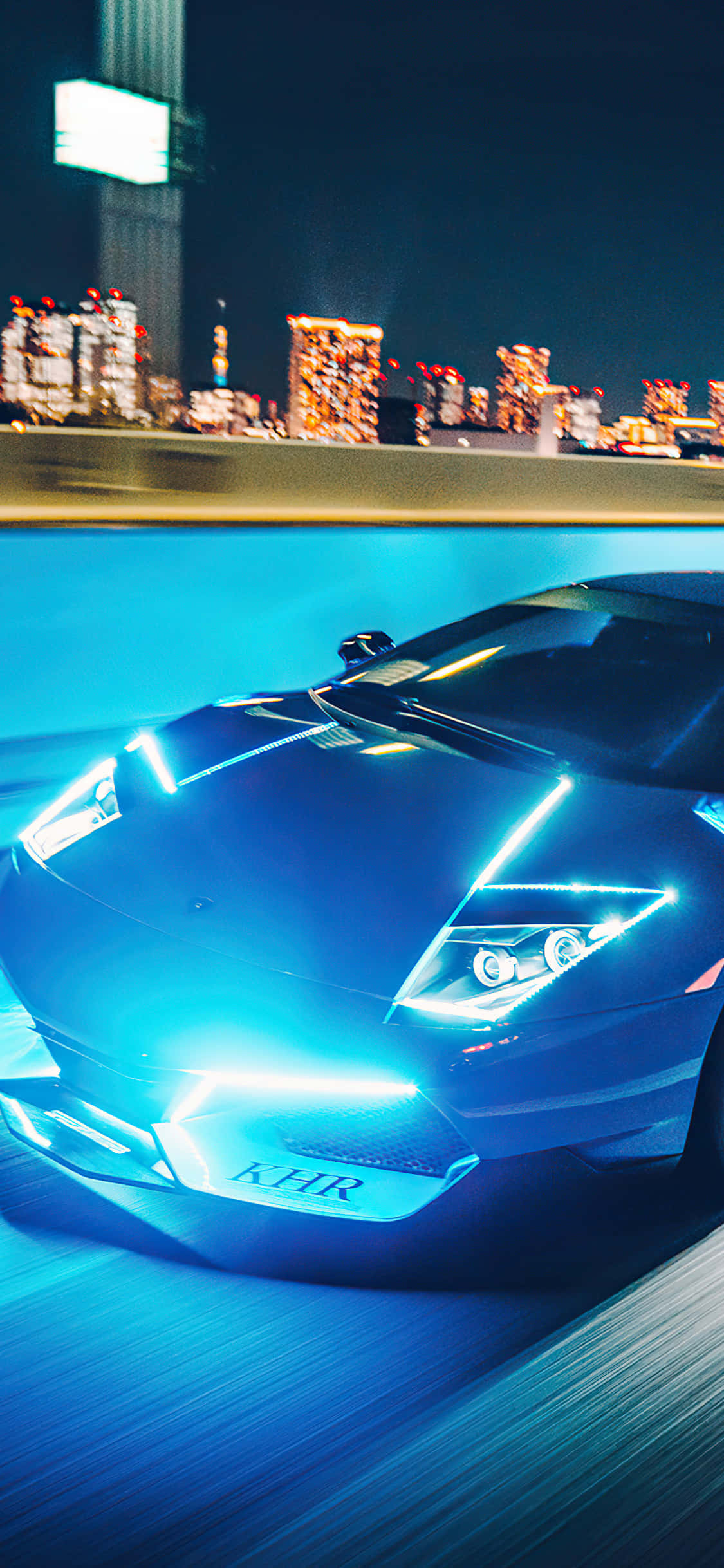 Lamborghini, blue, neon-lit cityscape, Full HD Phone Wallpaper