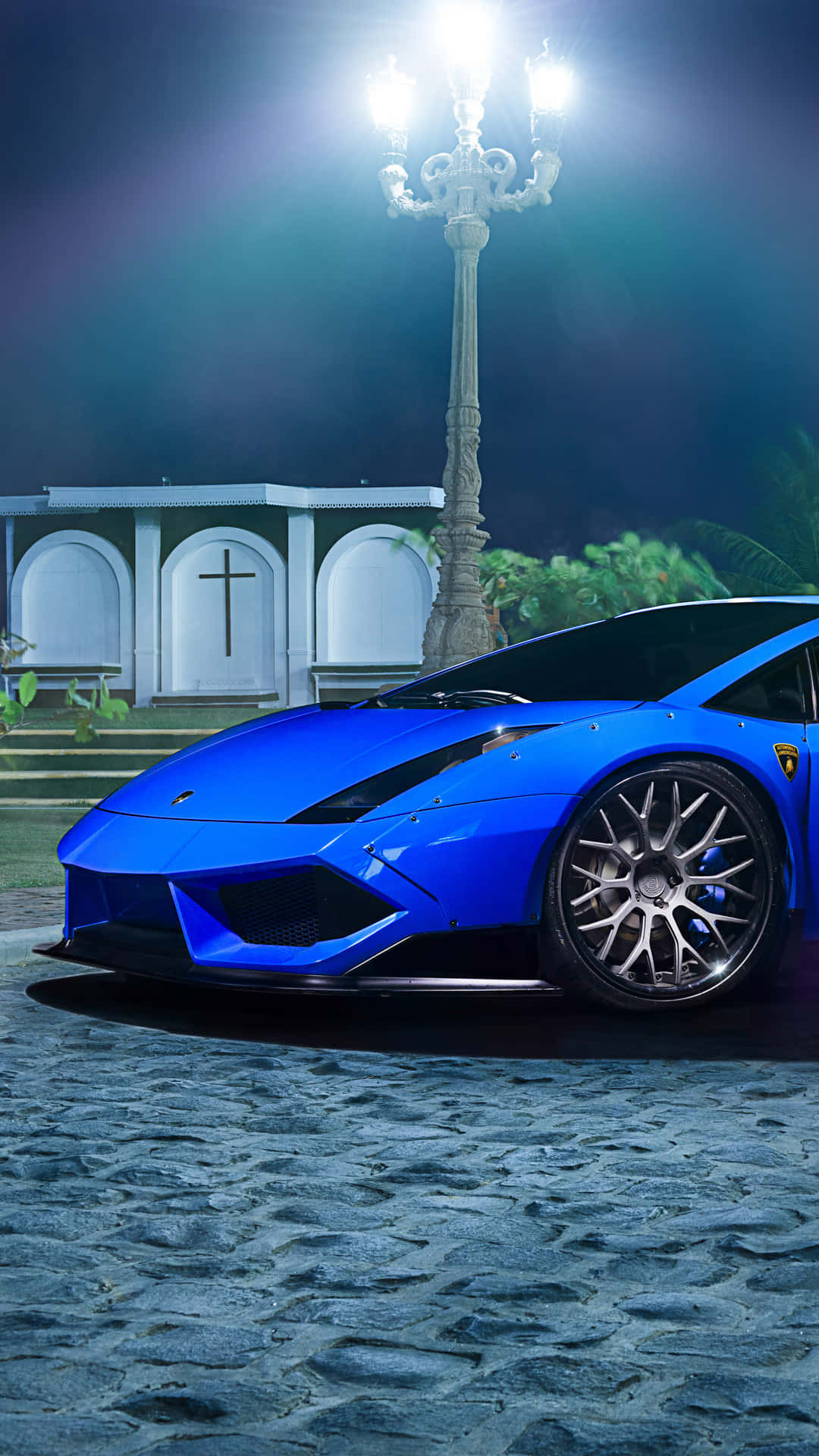 Blue Lamborghini, sports car, bright streetlamp, Full HD Phone Wallpaper