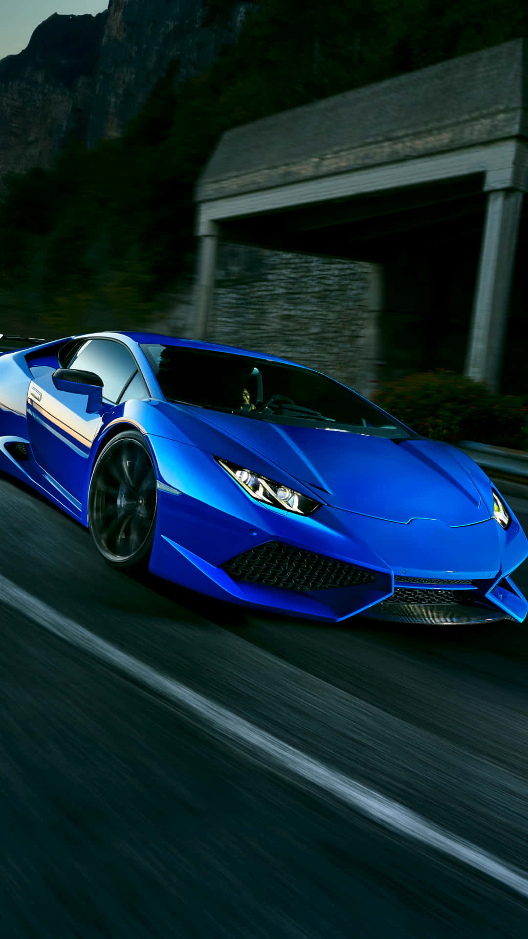 blue Lamborghini, mountain road, motion blur, Full HD Phone Wallpaper