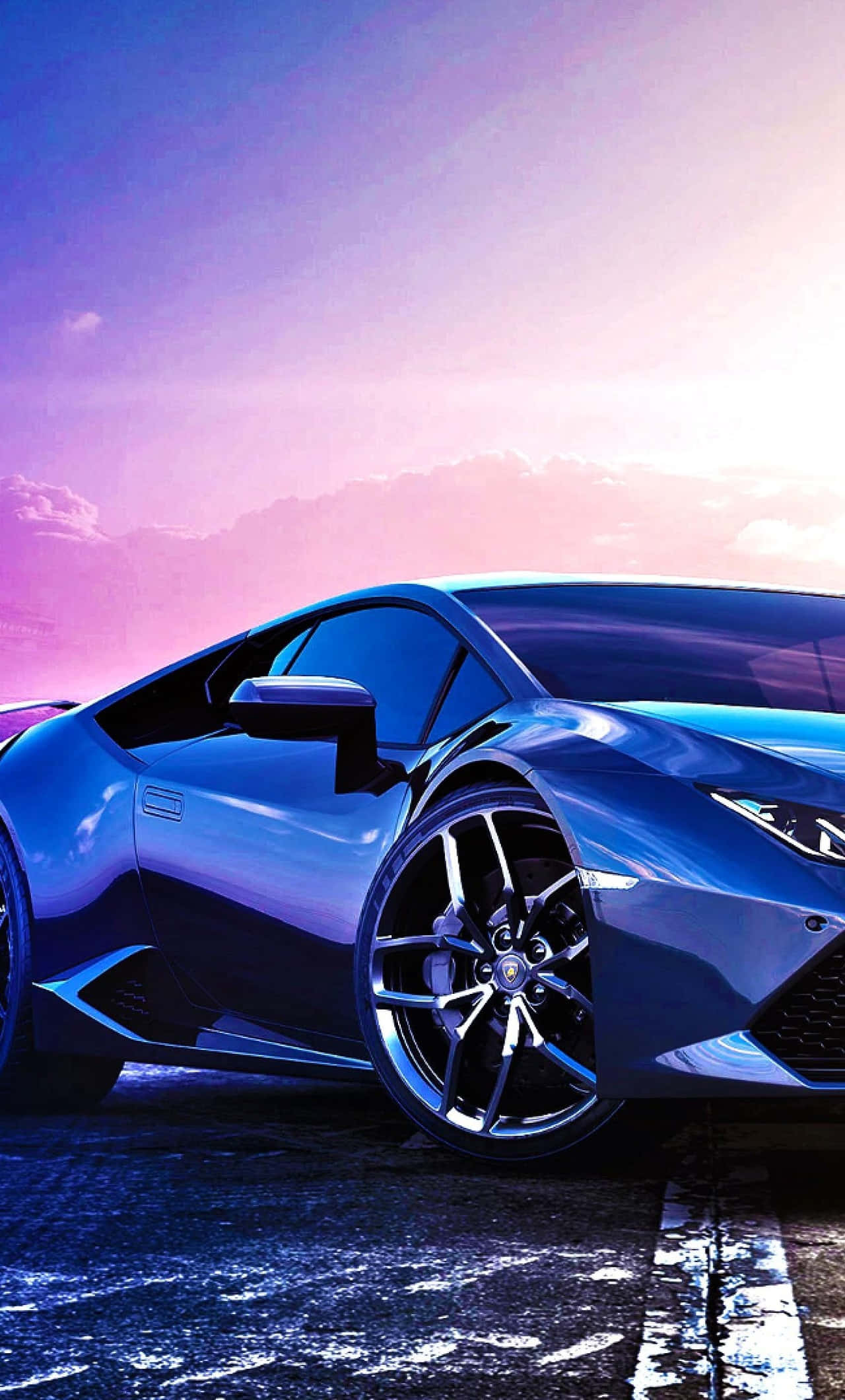 blue Lamborghini, vibrant purple and pink sunset sky, clouds, Full HD Phone Wallpaper