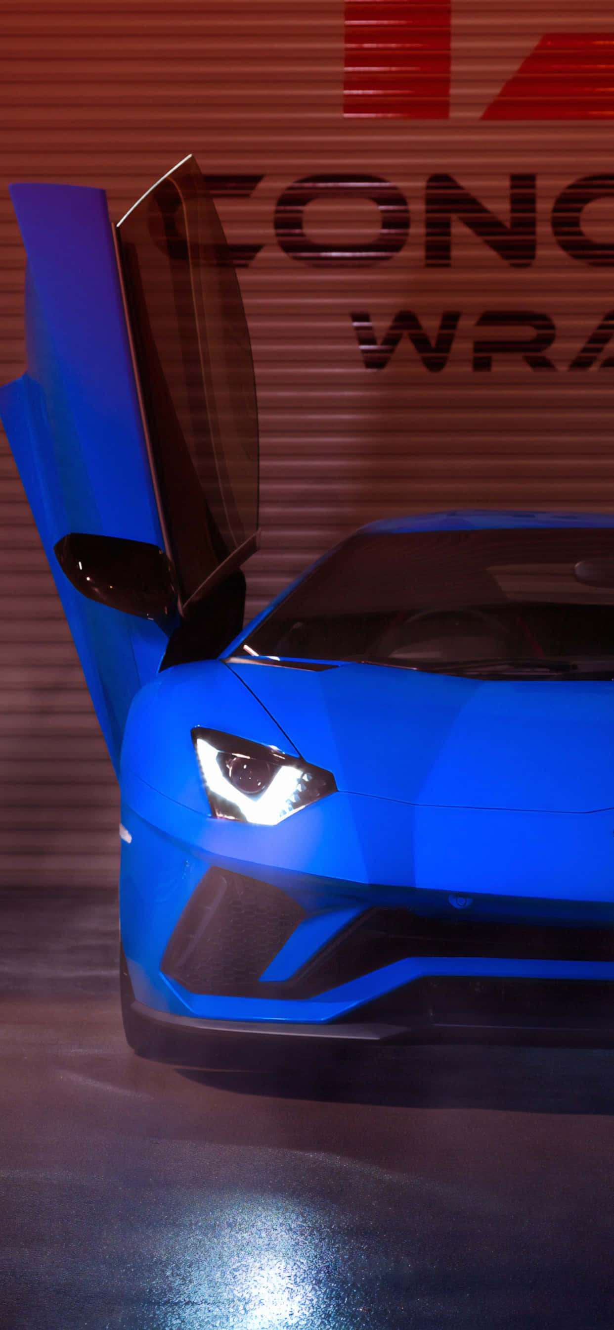 blue Lamborghini, scissor doors, glowing headlights, 2K Phone Wallpaper