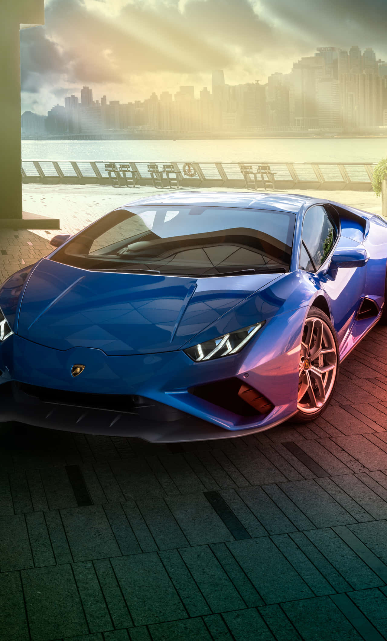 Blue Lamborghini, glossy blue, waterfront promenade, Full HD Phone Wallpaper