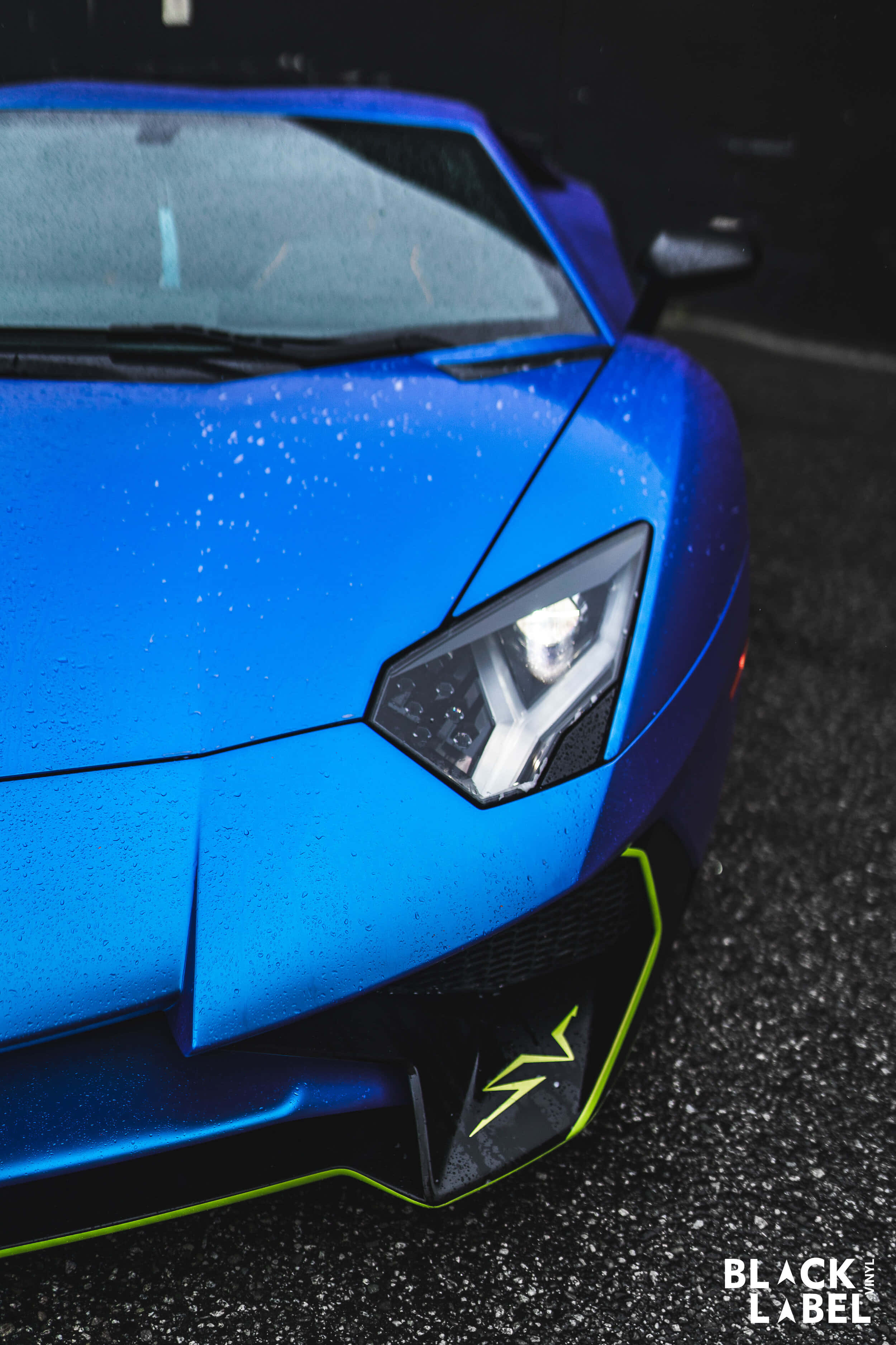 blue Lamborghini, neon green accents, raindrops, 2K Phone Wallpaper