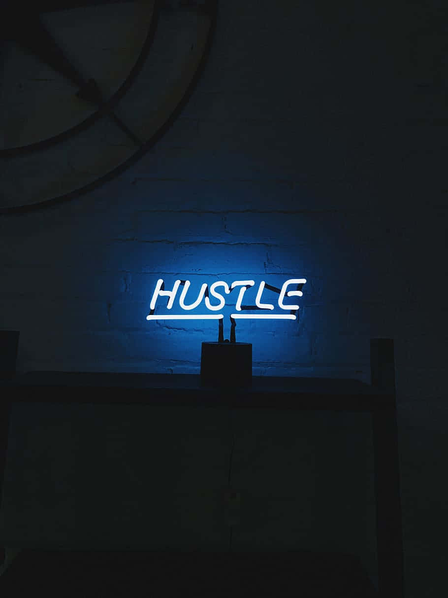 blue neon sign, word hustle, dark brick wall, SD Phone Wallpaper