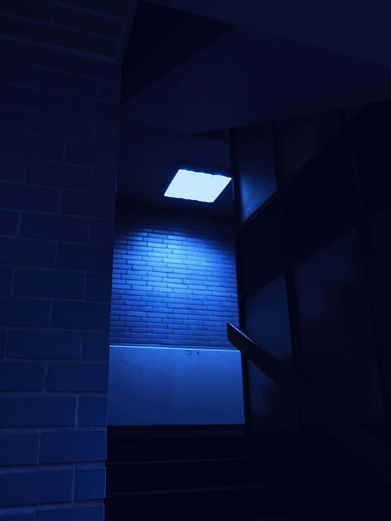 blue light, brick wall, dimly lit staircase, SD Phone Wallpaper