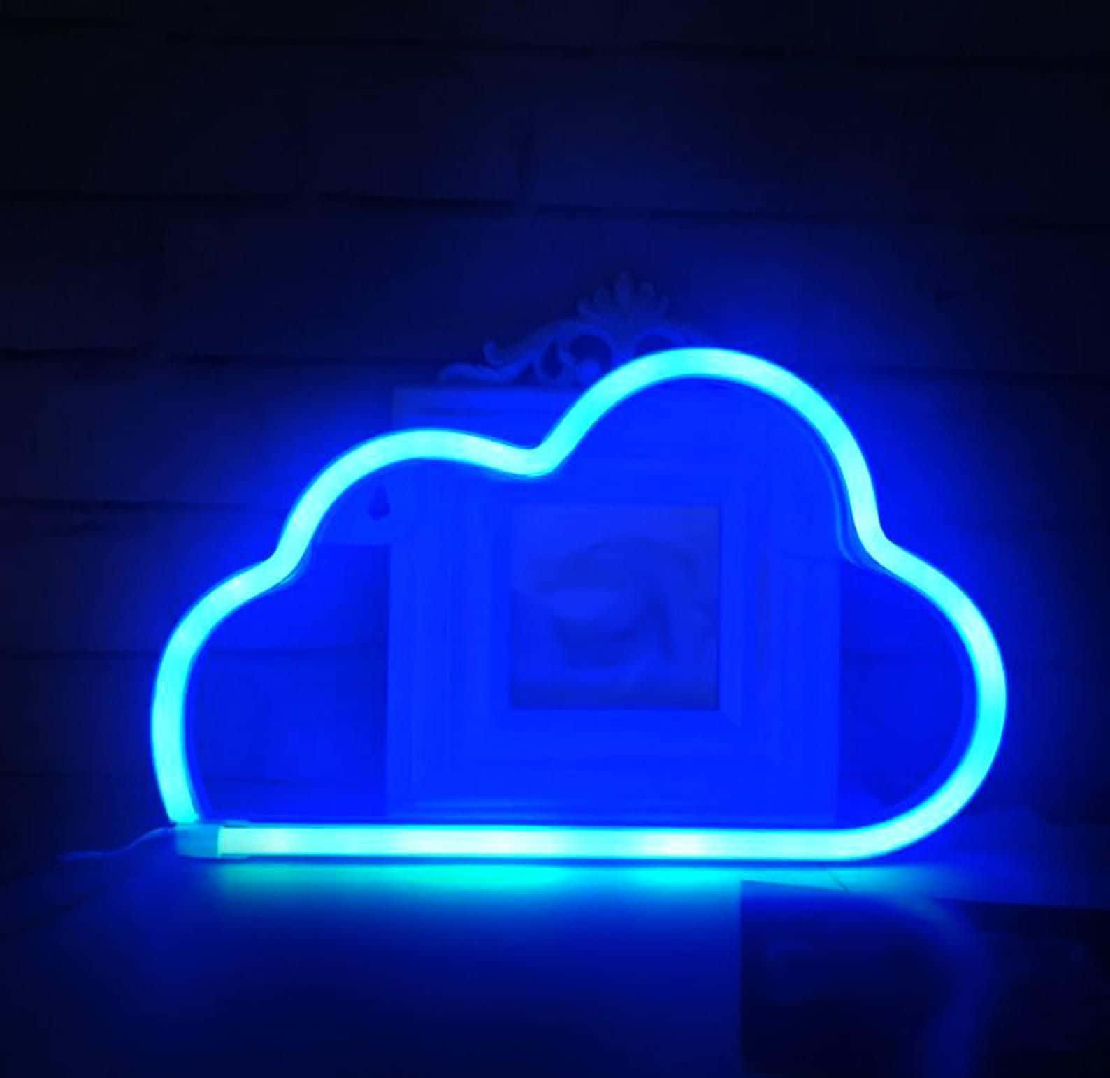 blue neon cloud, glowing blue neon, dark wooden wall, HD Desktop Wallpaper