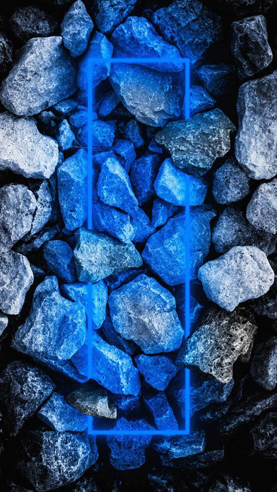 Blue LED, glowing blue neon rectangle, rough gray rocks, HD Phone Wallpaper