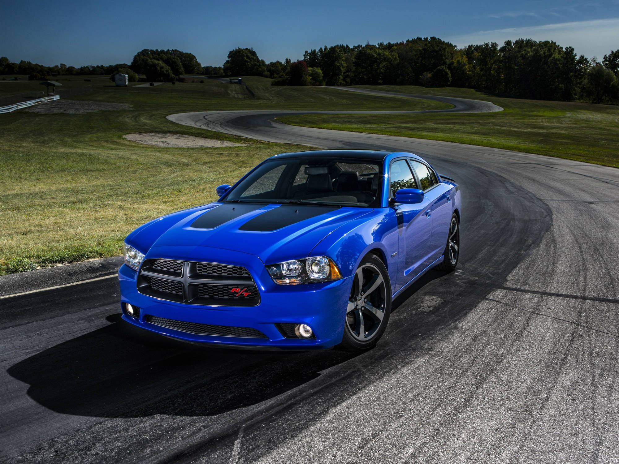 2013 Dodge Charger R/T, vibrant blue, curving asphalt track, Full HD Desktop Wallpaper