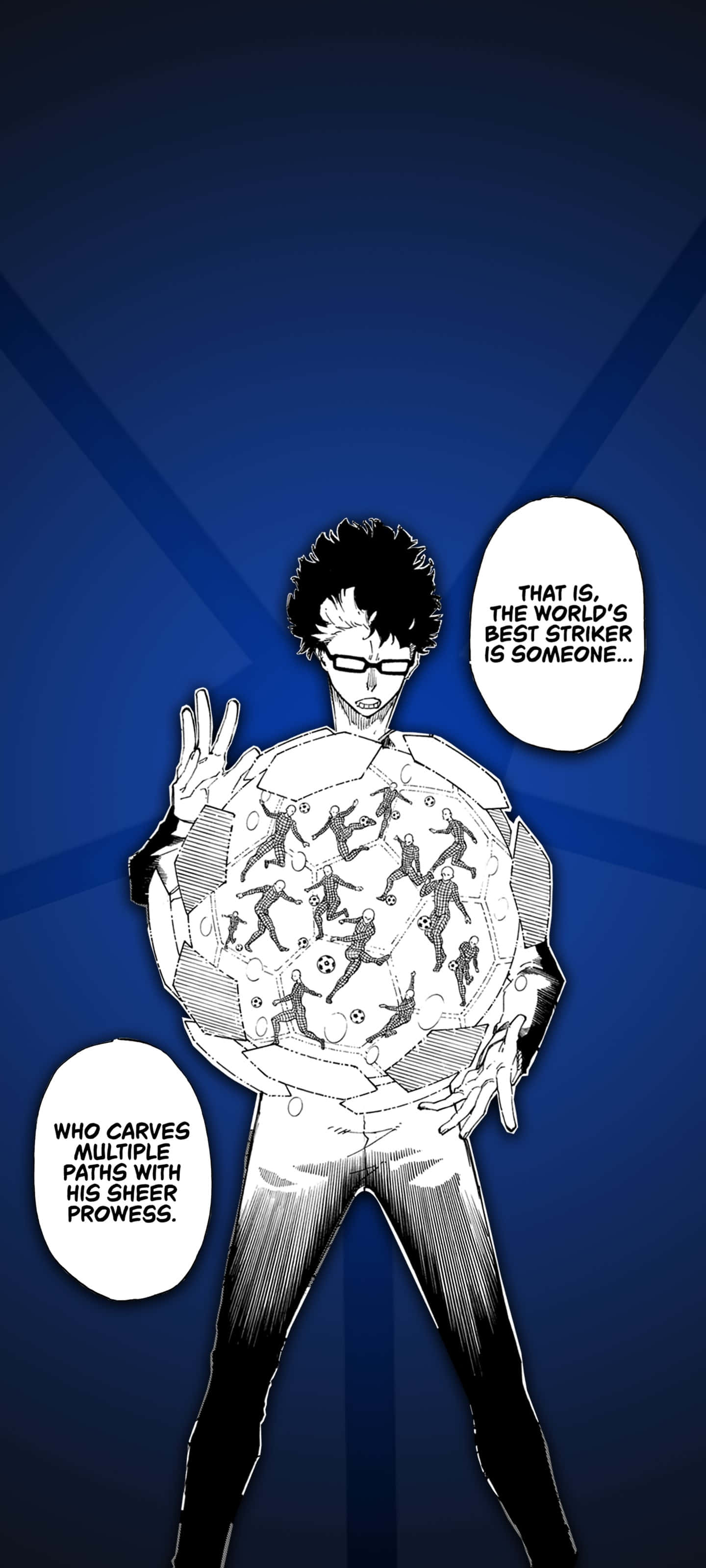 Blue Lock, manga character, soccer ball covered in player silhouettes, 2K Phone Wallpaper