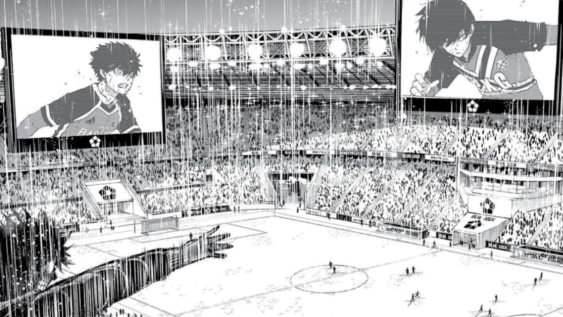 Blue Lock Manga, stadium scene, rain-swept soccer stadium, Full HD Desktop Wallpaper
