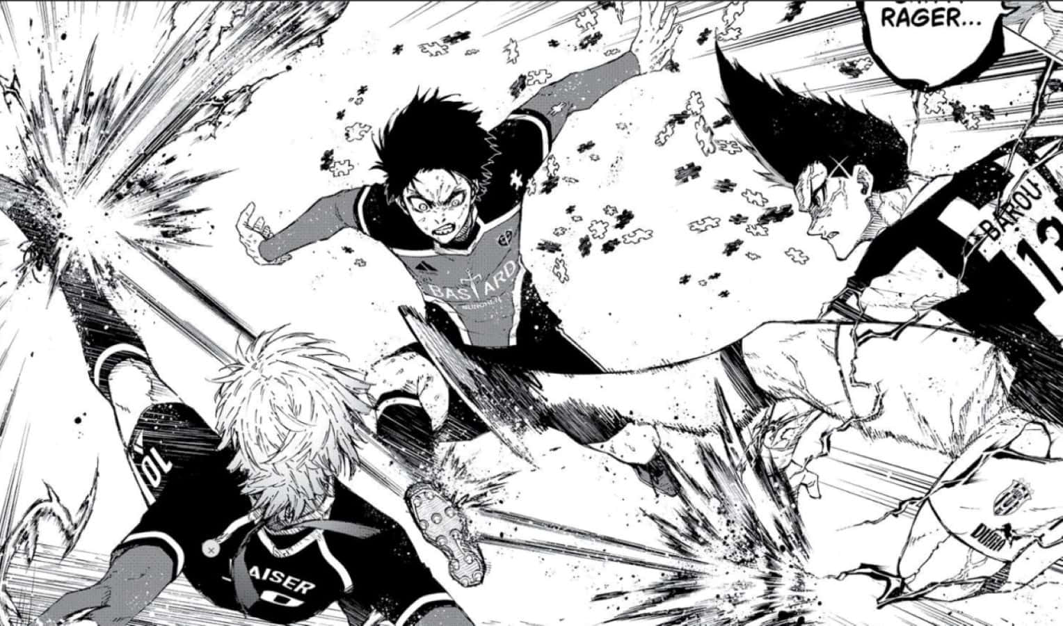 Blue Lock Manga, black and white manga panel, three soccer players, HD Desktop Wallpaper