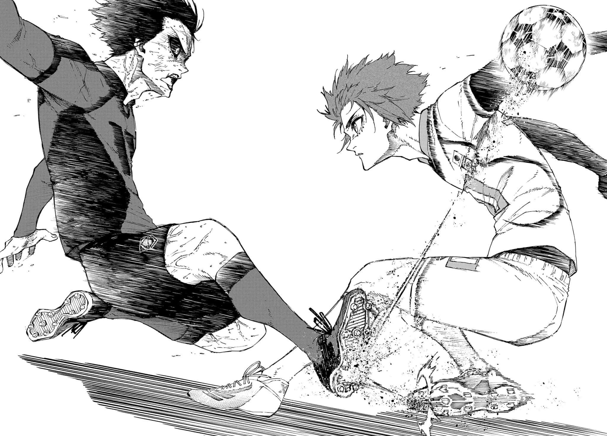 Blue Lock Manga, black and white manga style, intense soccer duel, Full HD Desktop Wallpaper