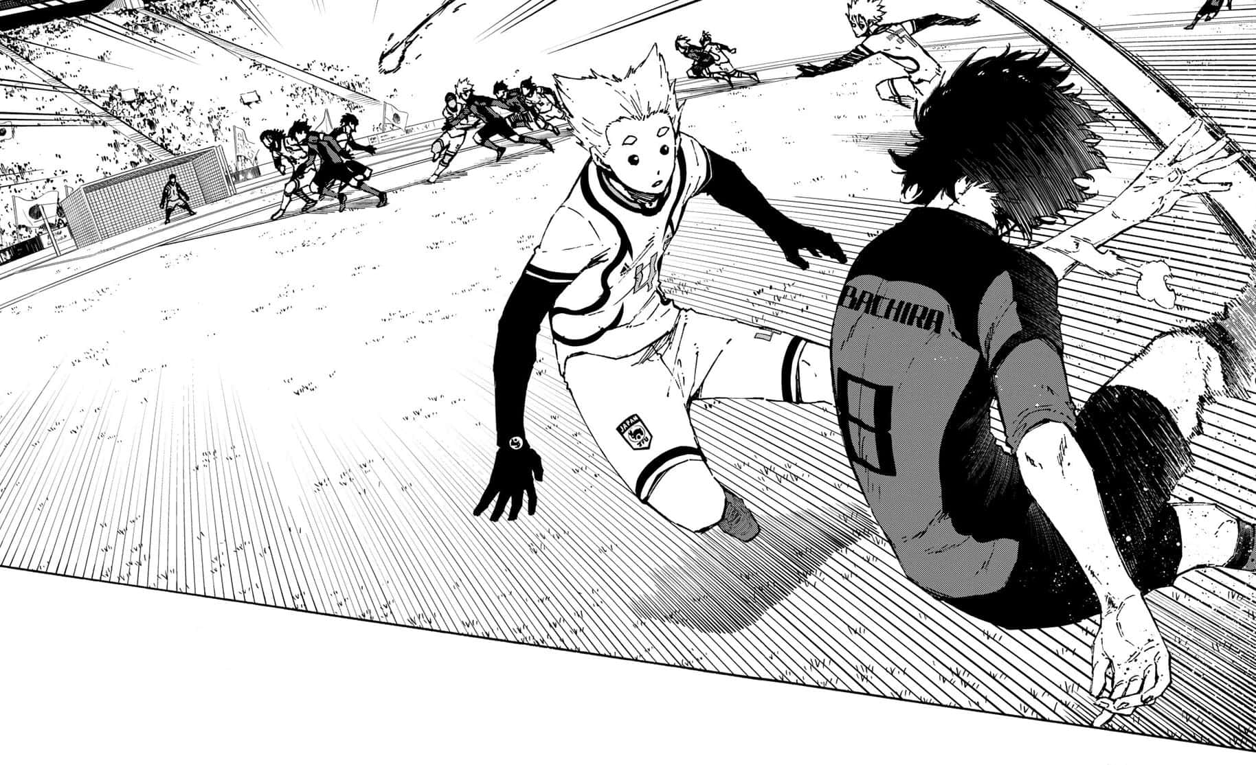 Blue Lock Manga, soccer players, striped field, HD Desktop Wallpaper