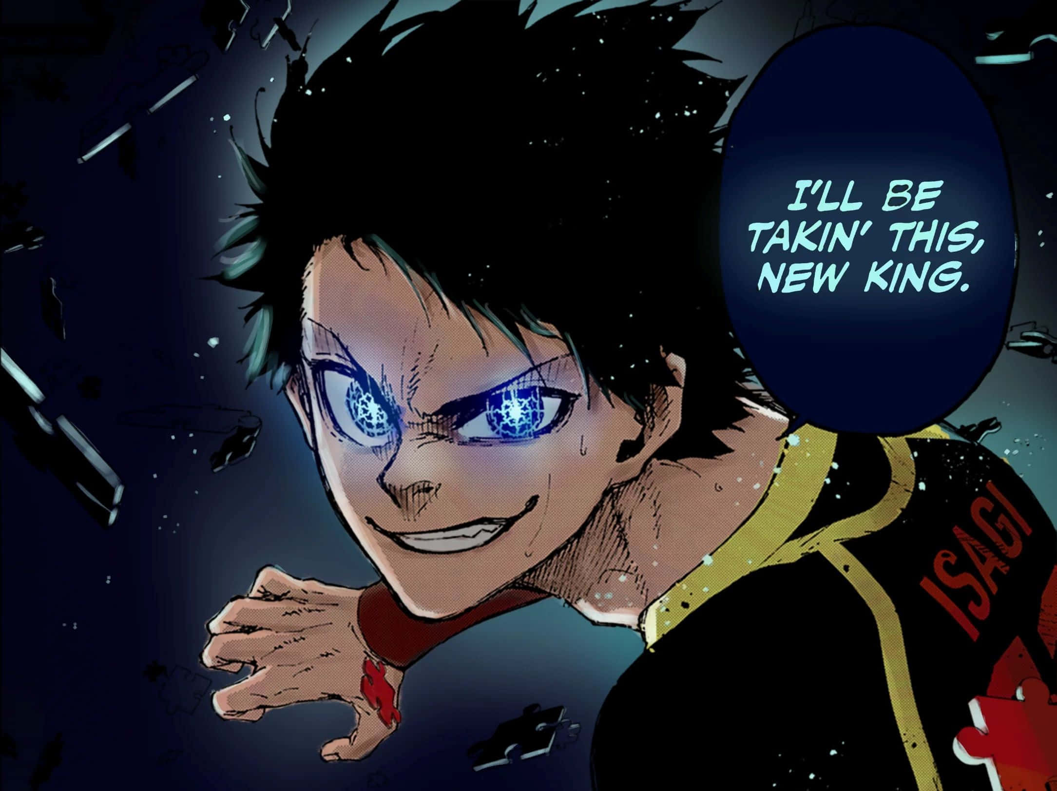 Blue Lock Manga, glowing blue eyes, spiky black hair, Full HD Desktop Wallpaper