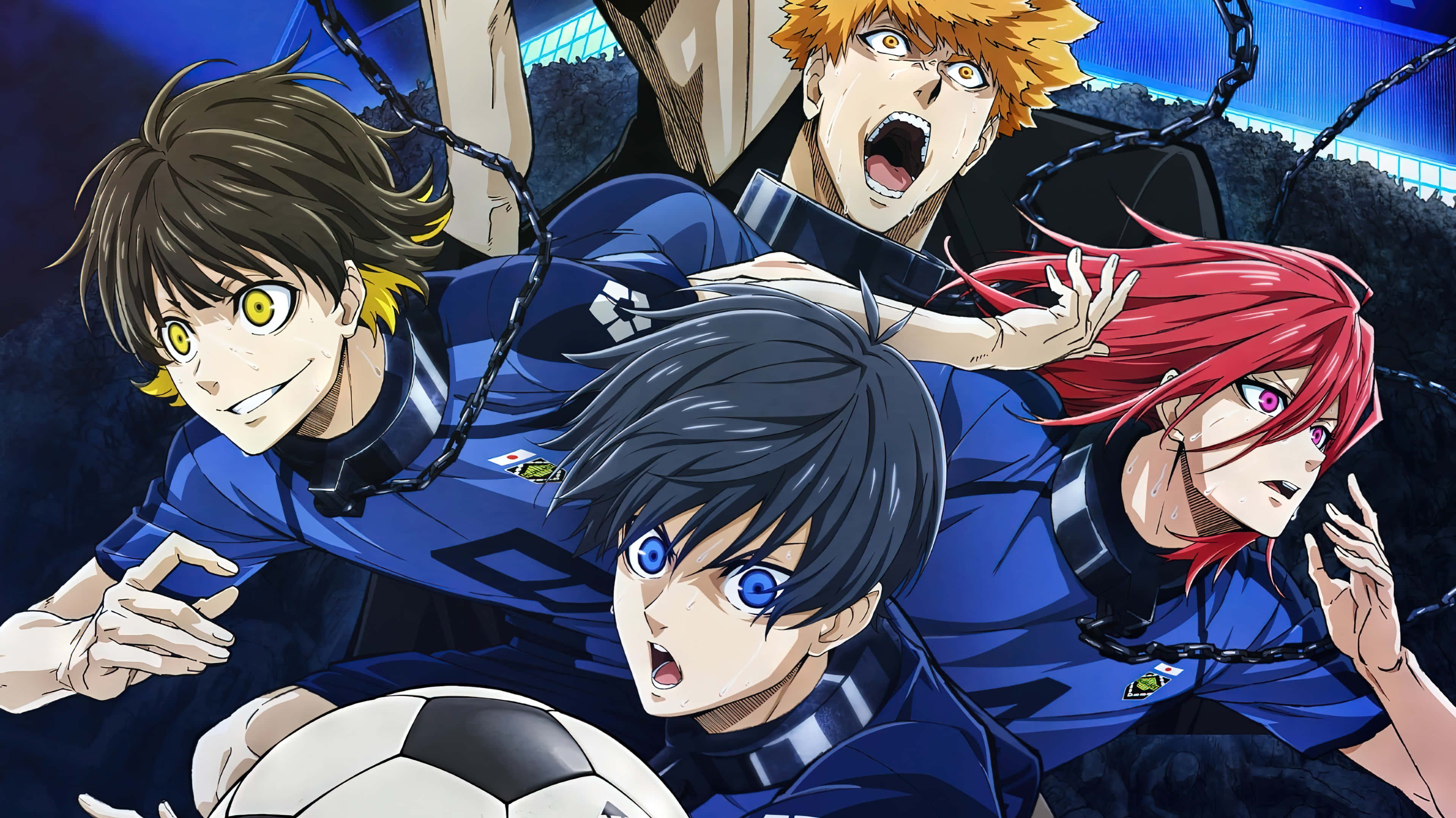 Blue Lock Anime Characters, blue jerseys, dramatic stadium lights, 4K Desktop Wallpaper