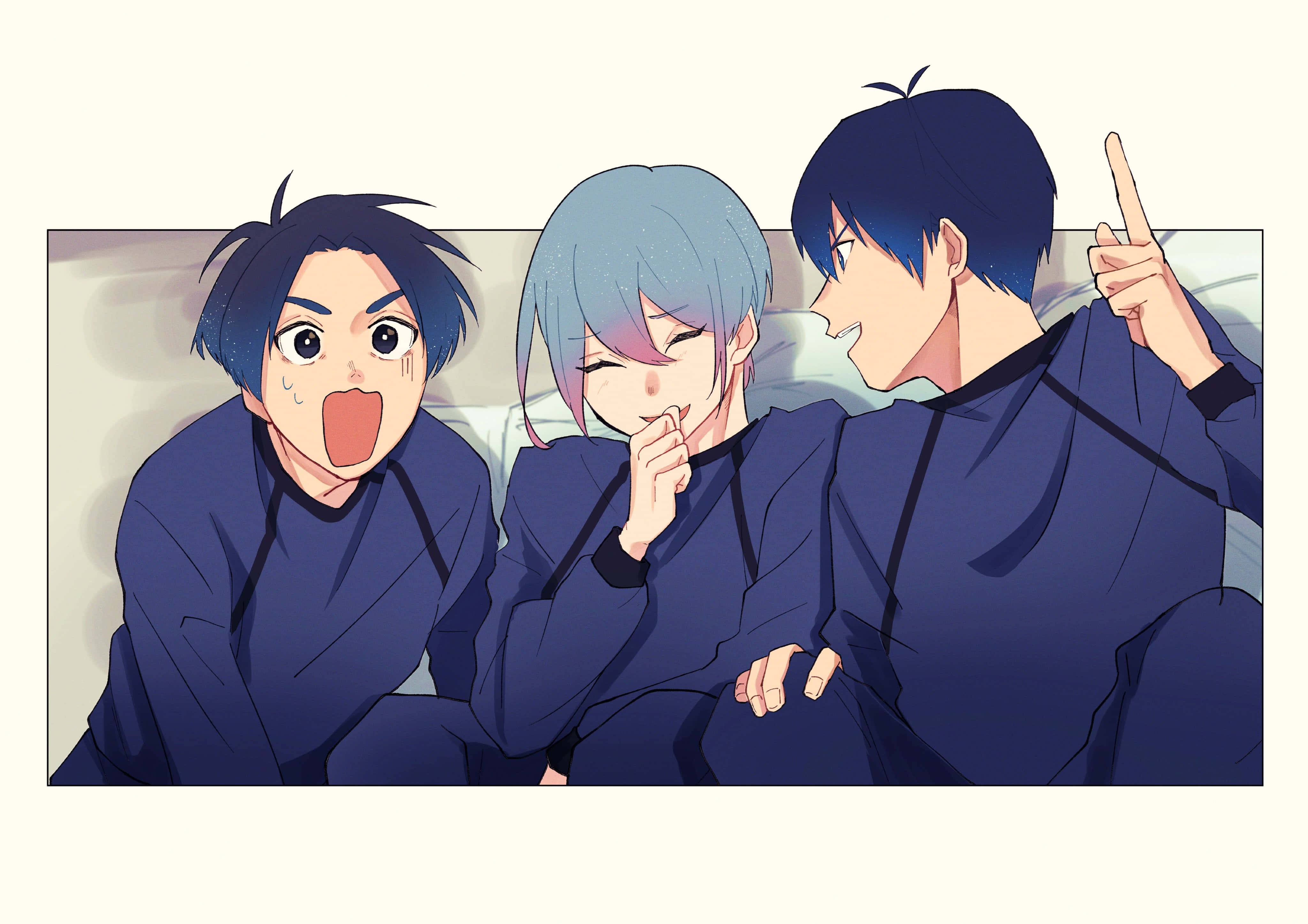 Blue Lock Anime Characters, dark blue hoodies, couch, 4K Desktop Wallpaper