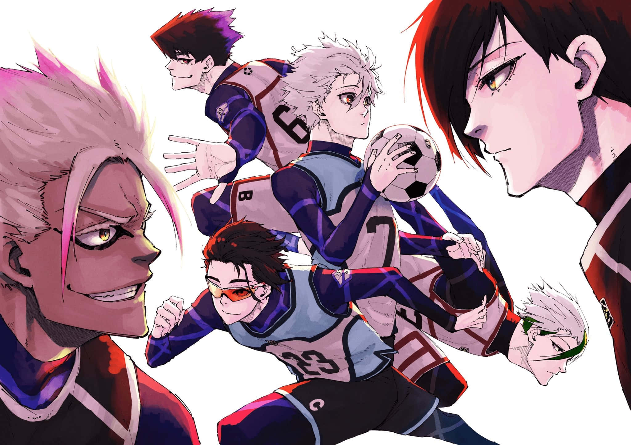 Blue Lock Characters, dynamic pose, vibrant uniforms, Full HD Desktop Wallpaper
