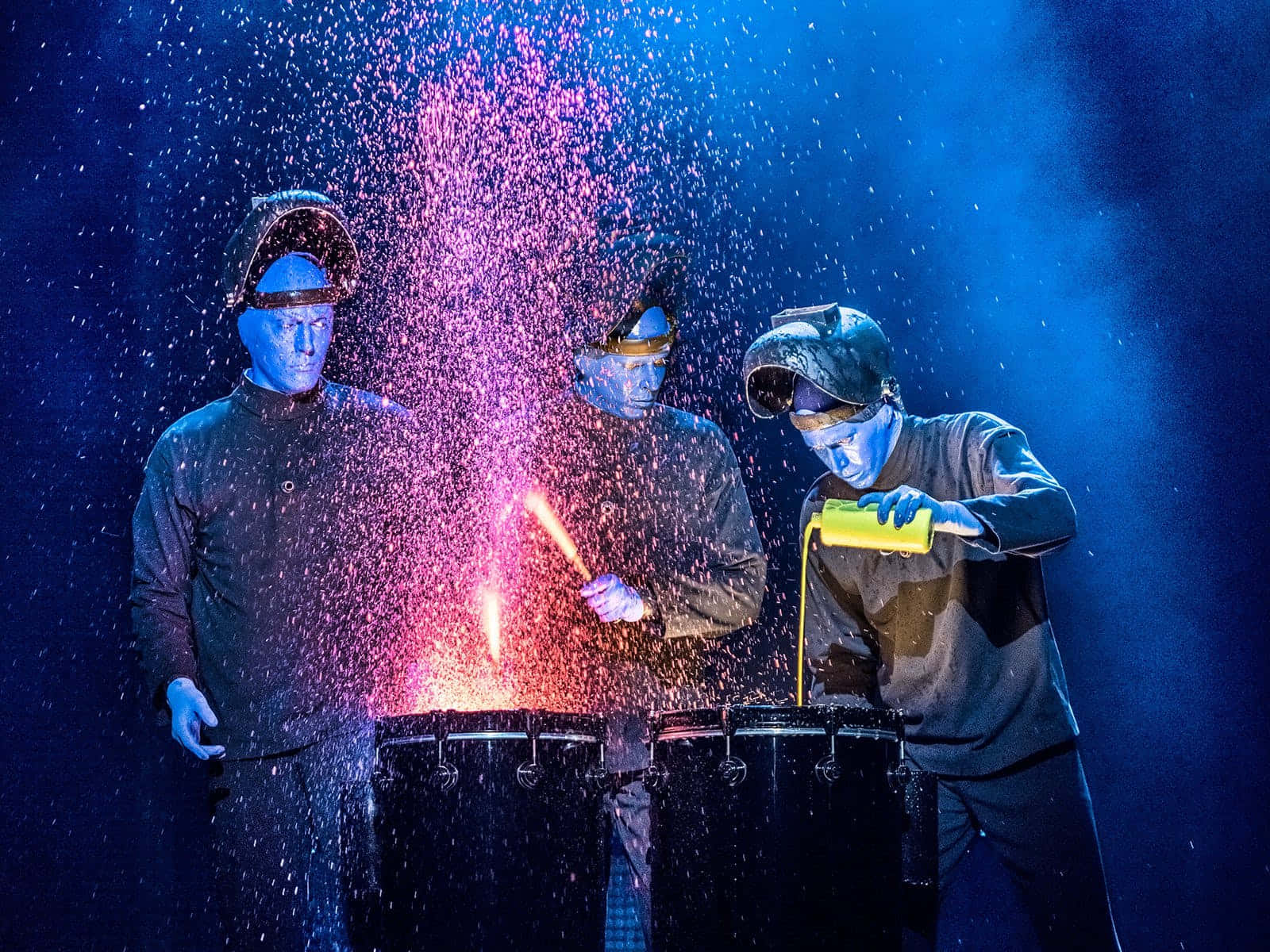 Blue Man Group, welding helmets, pink spark explosion, HD Desktop Wallpaper