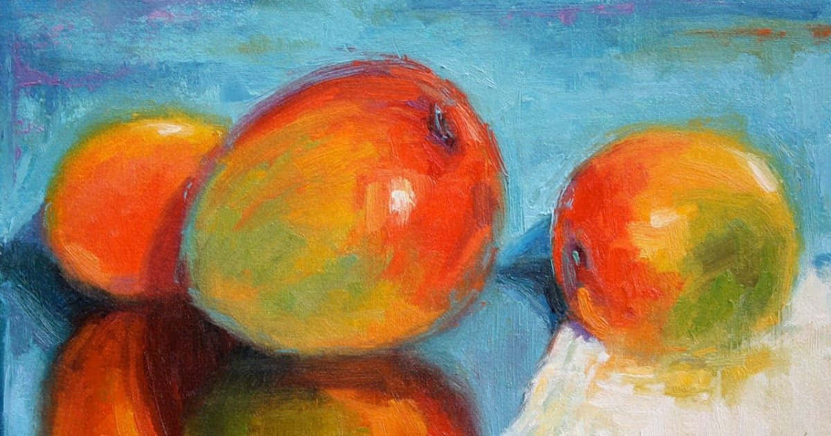 Blue Mango, oil painting, three ripe mangoes, SD Desktop Wallpaper