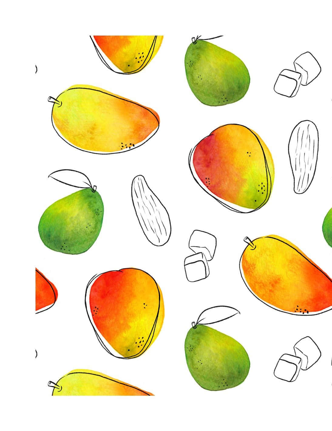 Blue Mango, watercolor mangoes, ice cubes, HD Phone Wallpaper