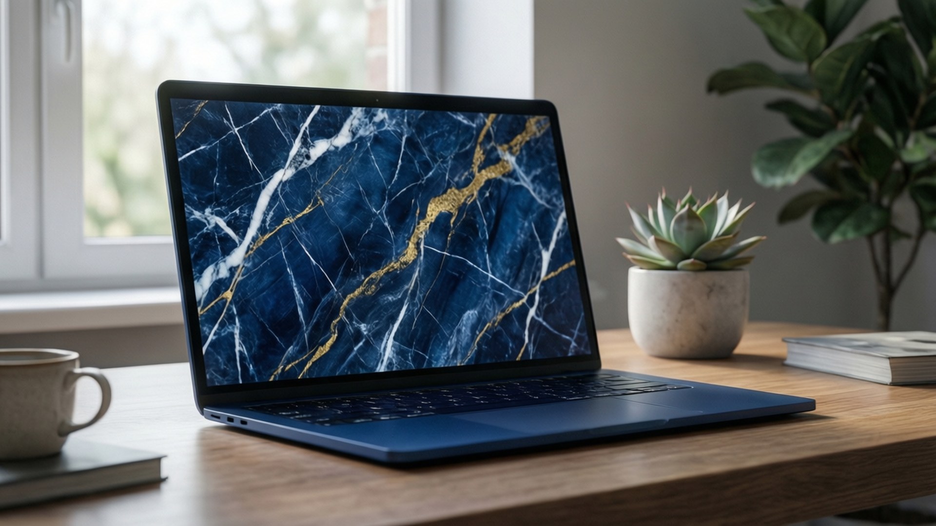 blue laptop, dark blue marble wallpaper, gold and white veins, Full HD Desktop Wallpaper