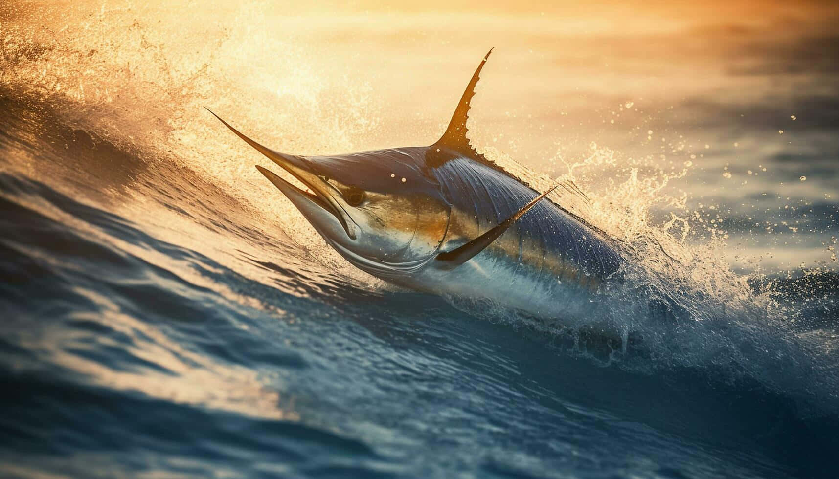 Blue Marlin, sunset, golden-hued ocean waves, HD Desktop Wallpaper