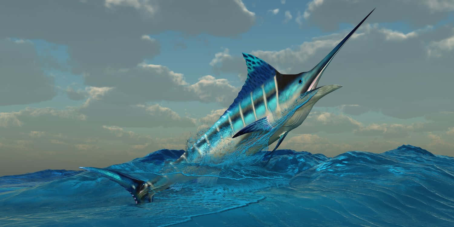 Blue Marlin, vibrant blue ocean waves, cloudy sky, HD Desktop Wallpaper