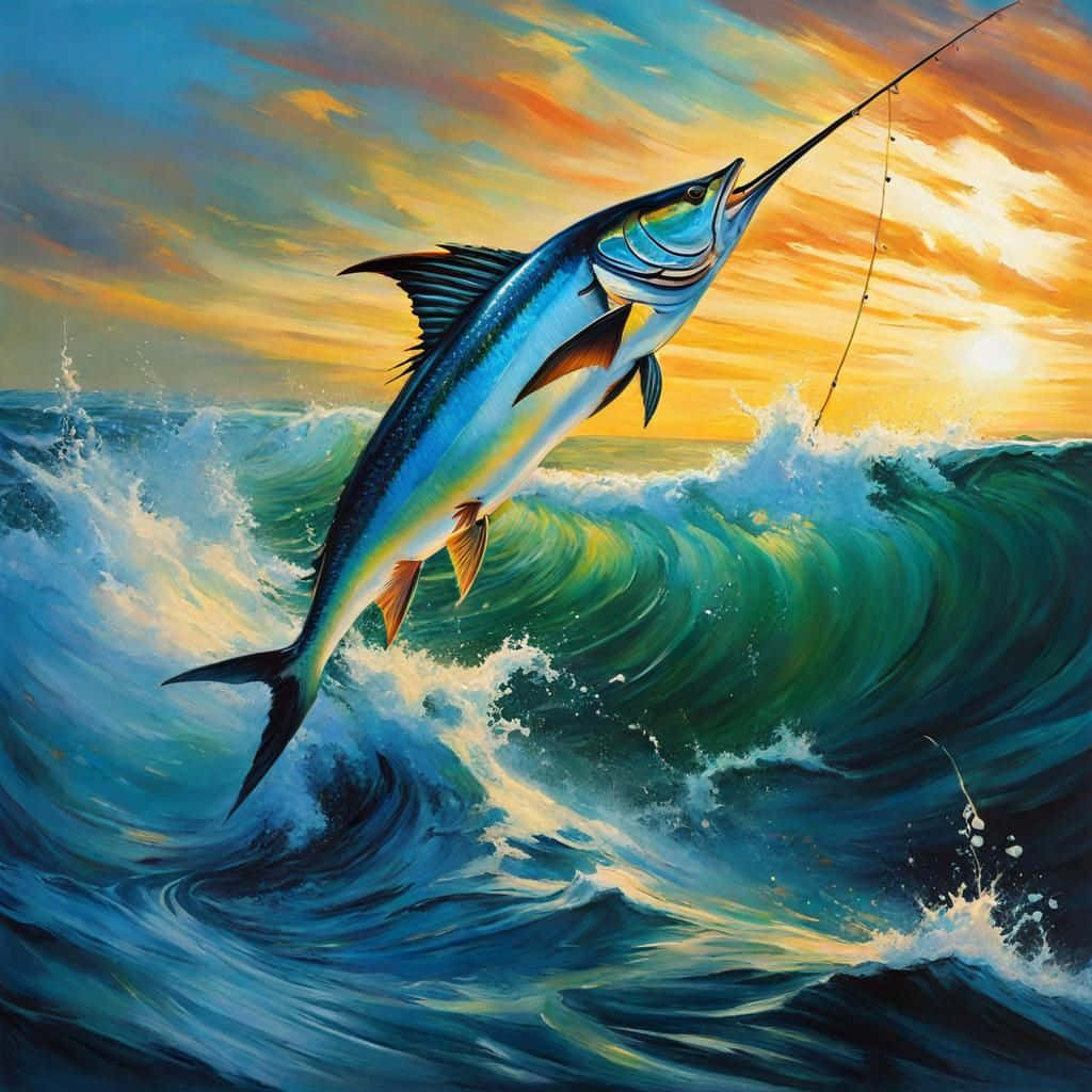 Blue Marlin, turquoise waves, fiery sunset sky, SD Desktop Wallpaper