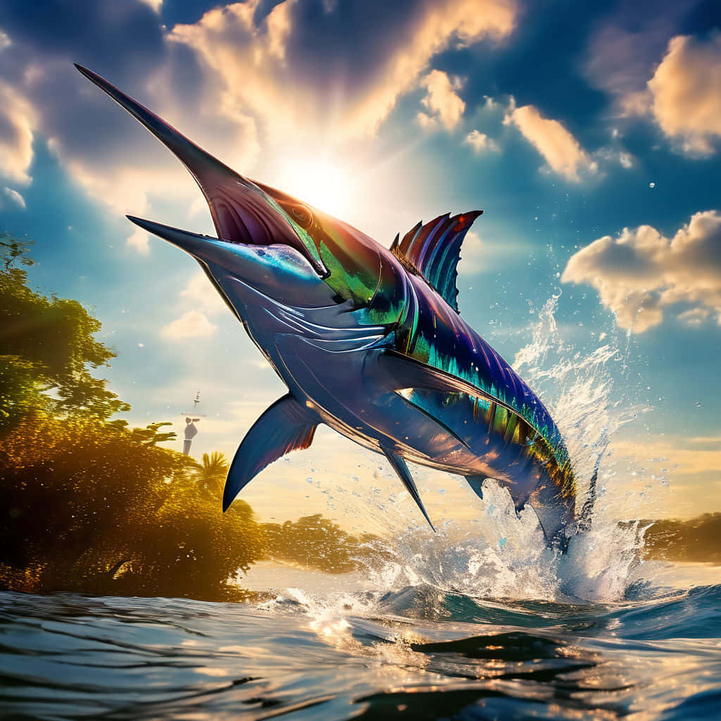 Blue Marlin, golden sunset sky, ocean waves, SD Desktop Wallpaper
