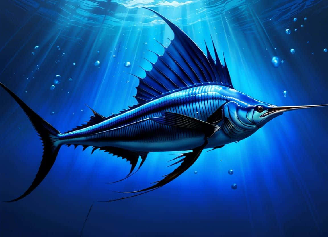 Blue Marlin, sunlit ocean depths, rays piercing the water, SD Desktop Wallpaper