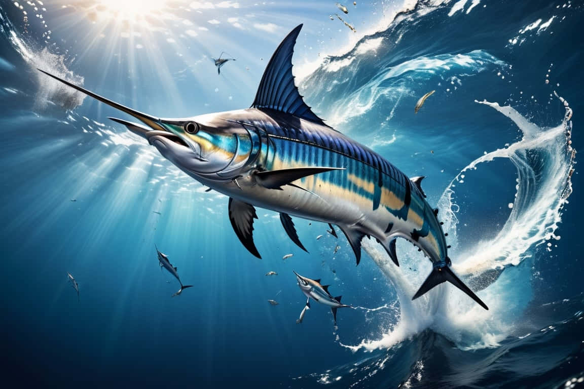 Blue Marlin, sunlit ocean waves, trailing splashes, SD Desktop Wallpaper