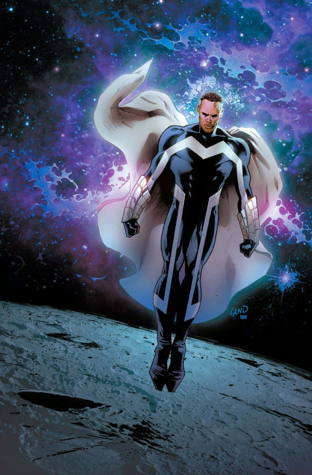 Blue Marvel, black and white suit, moon surface, HD Phone Wallpaper