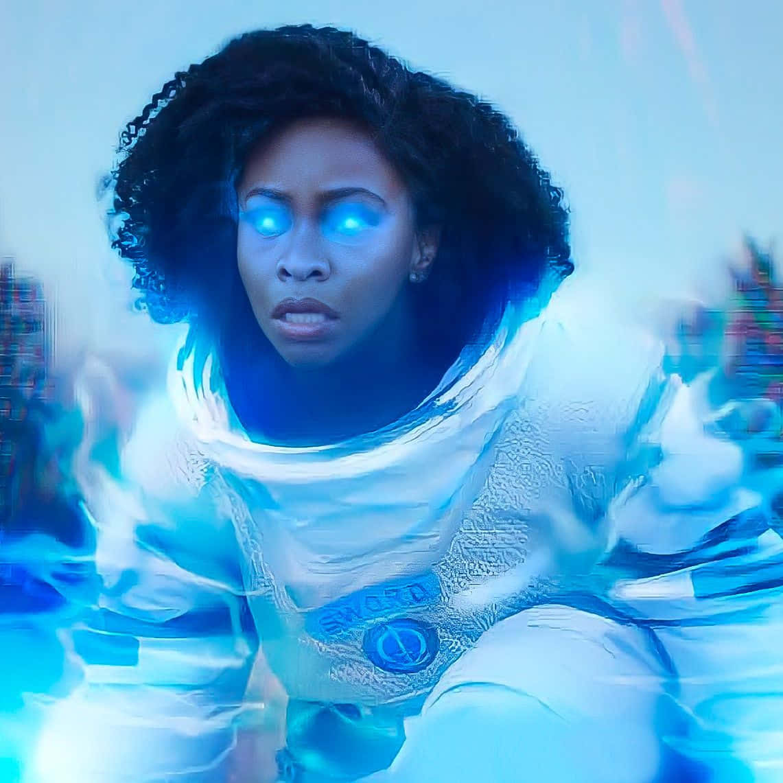 Blue Marvel, futuristic white suit, glowing blue eyes, SD Desktop Wallpaper