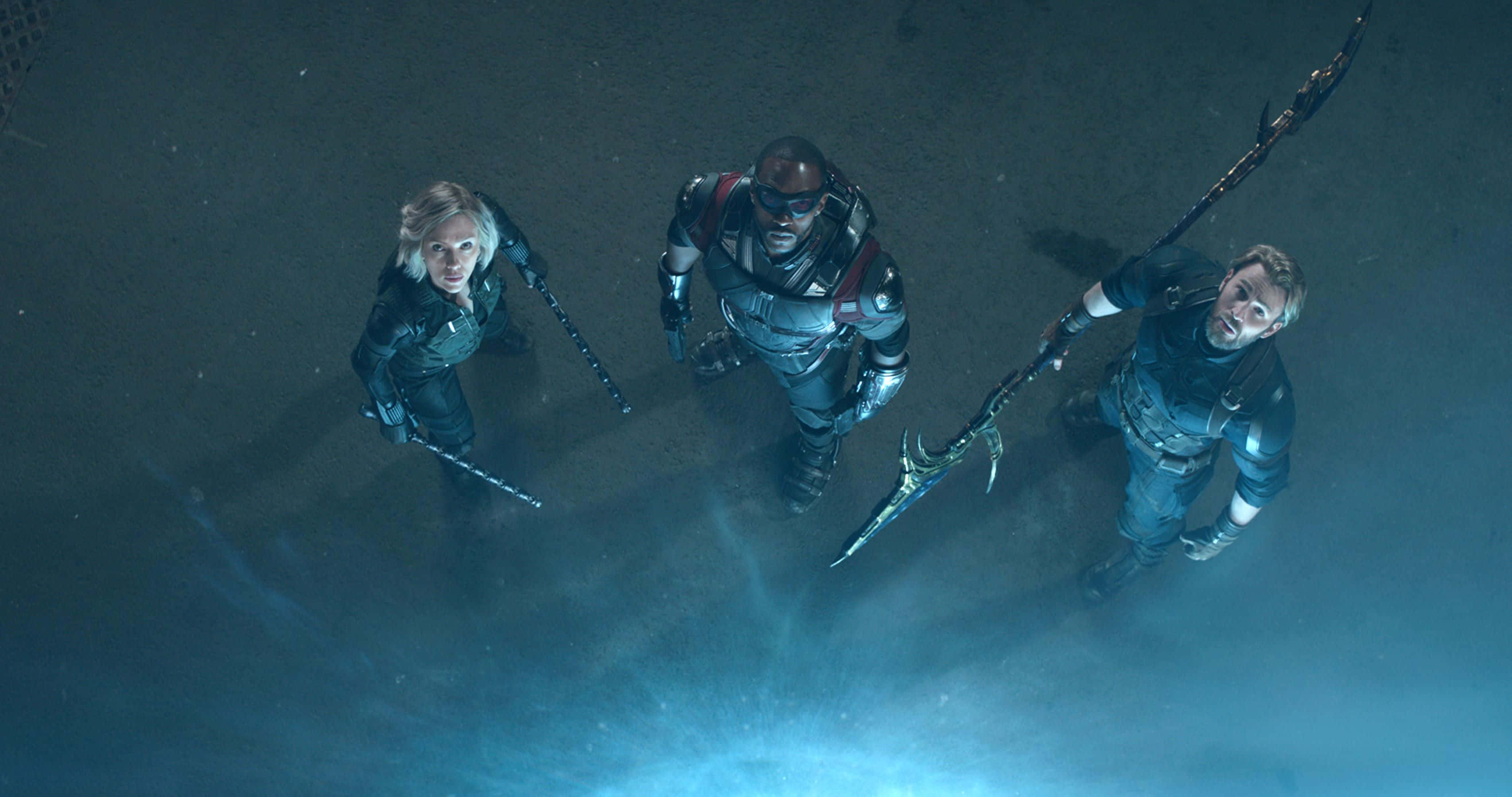Blue Marvel, three armored warriors, misty blue-lit environment, 2K Desktop Wallpaper