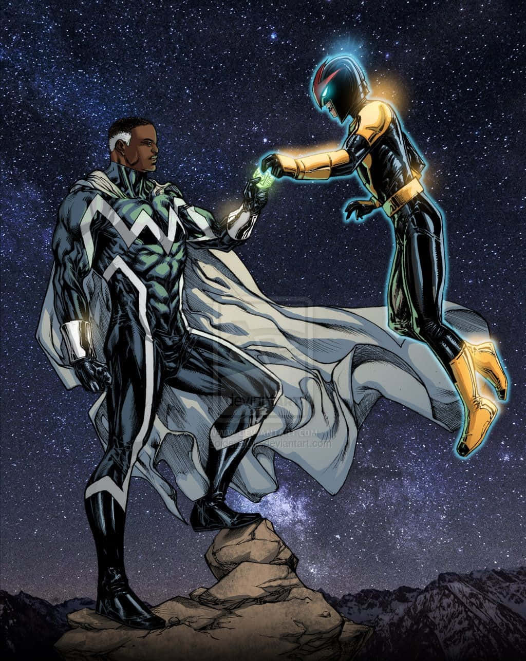 Blue Marvel, starry cosmic backdrop, mountain peaks, HD Phone Wallpaper