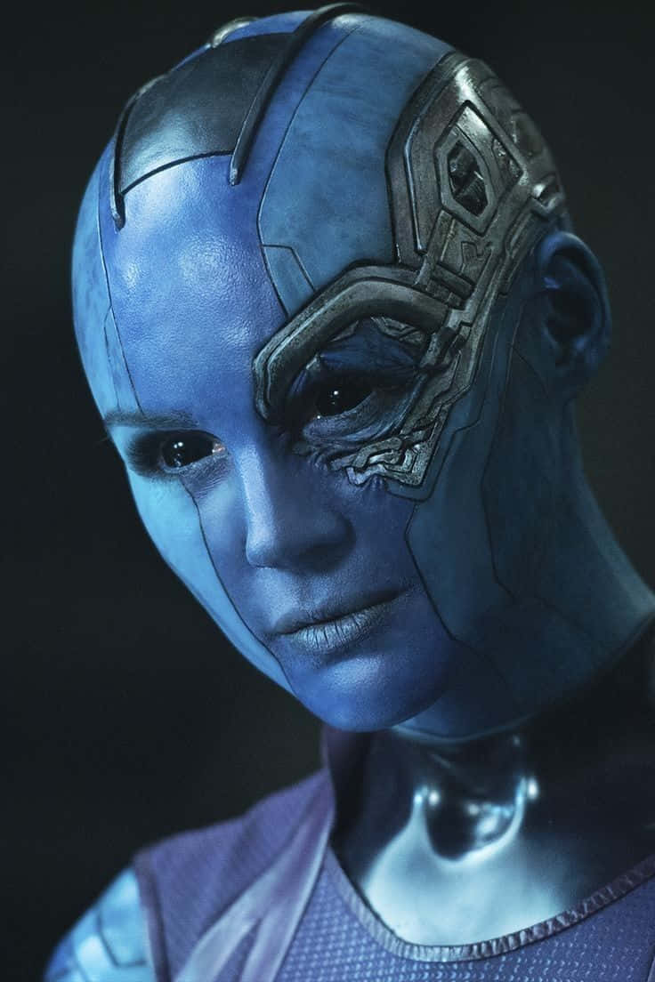 Blue Marvel, blue-skinned alien woman, intricate metallic cybernetic faceplate, SD Phone Wallpaper