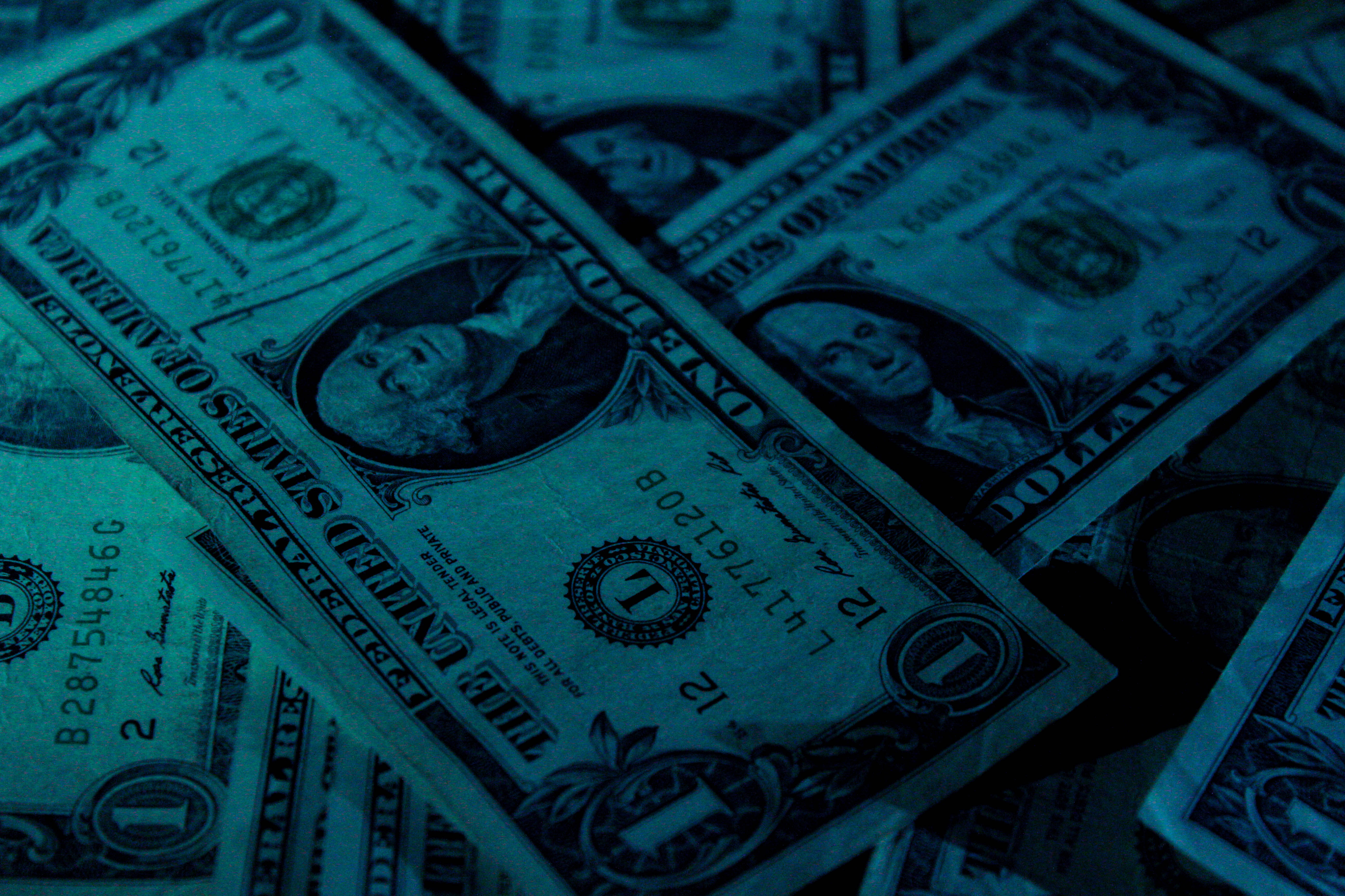 one dollar bills, cool blue light, glow, 5K Desktop Wallpaper