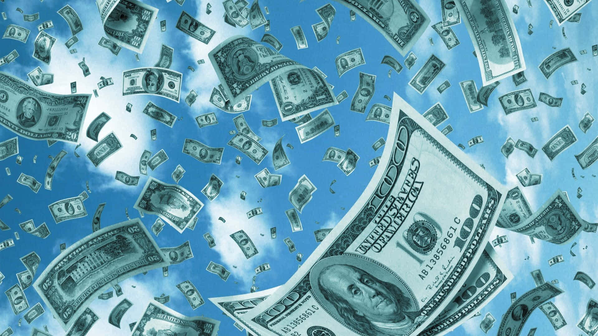Blue Money Rain, hundred dollar bills, bright blue sky, Full HD Desktop Wallpaper