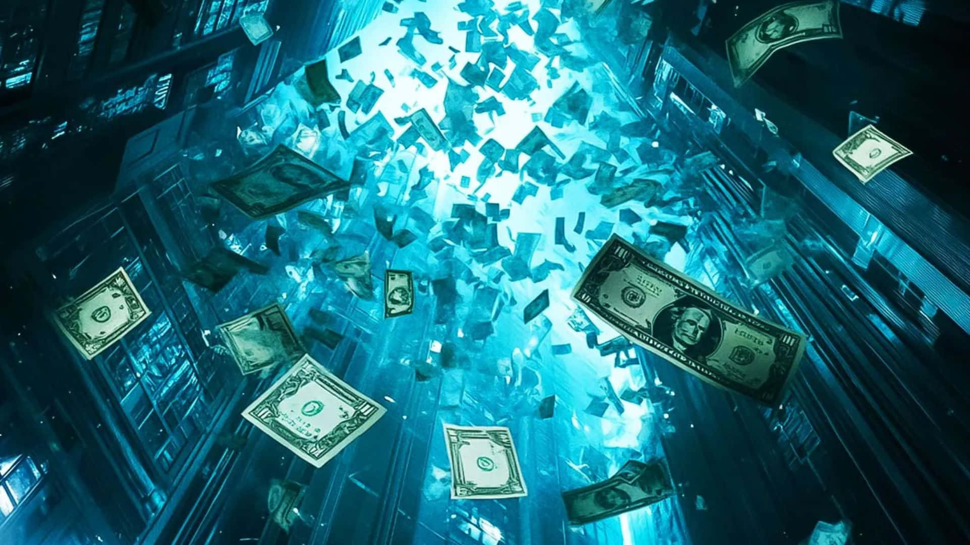 Blue Money Aesthetic, dollar bills, glowing blue digital vortex, Full HD Desktop Wallpaper