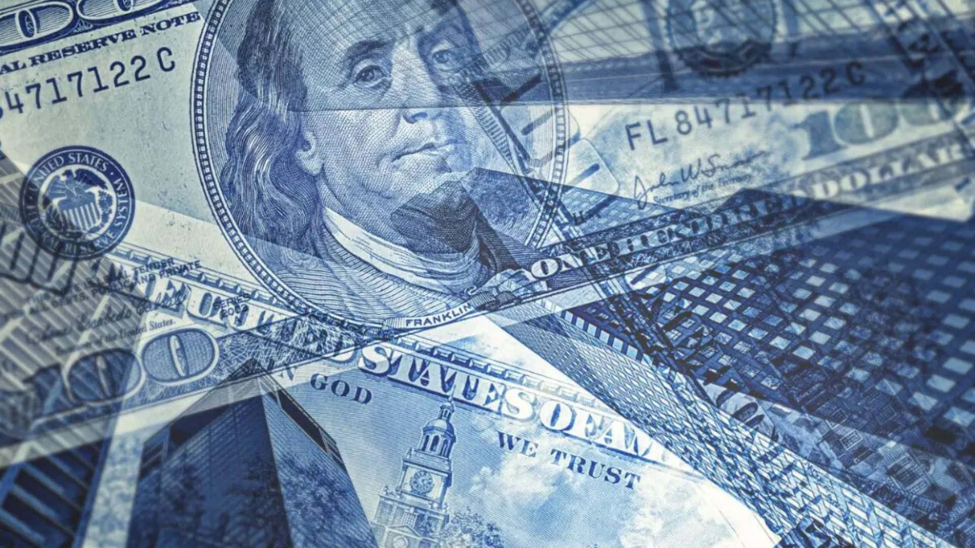 Blue Money Aesthetic, one hundred dollar bills, city skyline, Full HD Desktop Wallpaper
