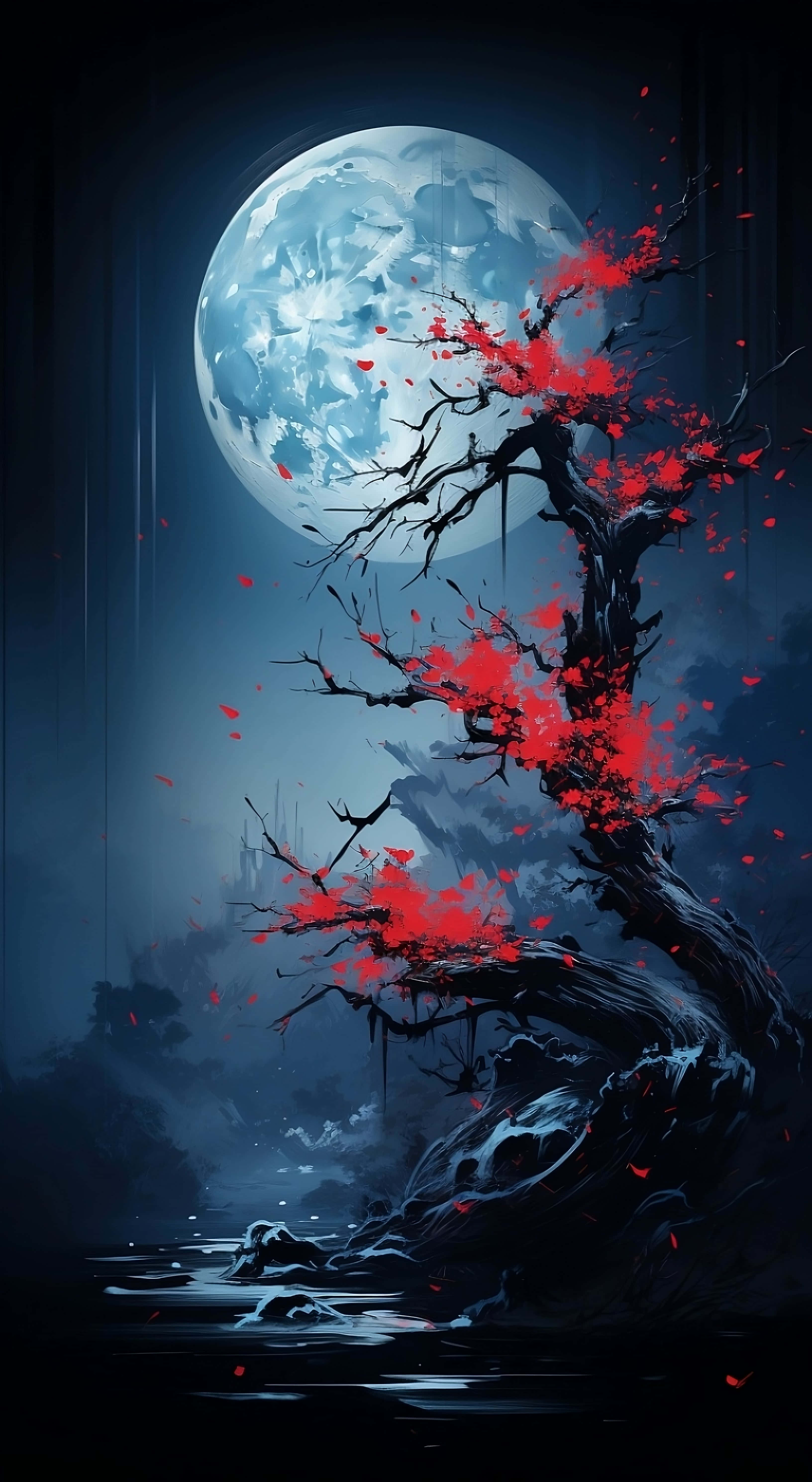 Crimson foliage, blue moon, gnarled tree, 5K Phone Wallpaper